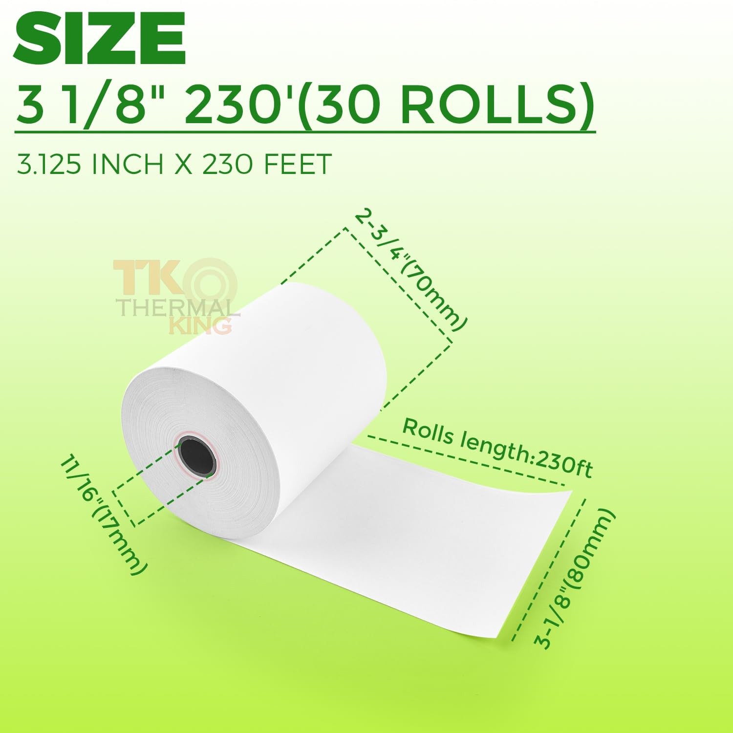 TK Thermal King, (30 Rolls) 3 1/8″ x 230′ Paper, 3-1/8″ x 230′, White