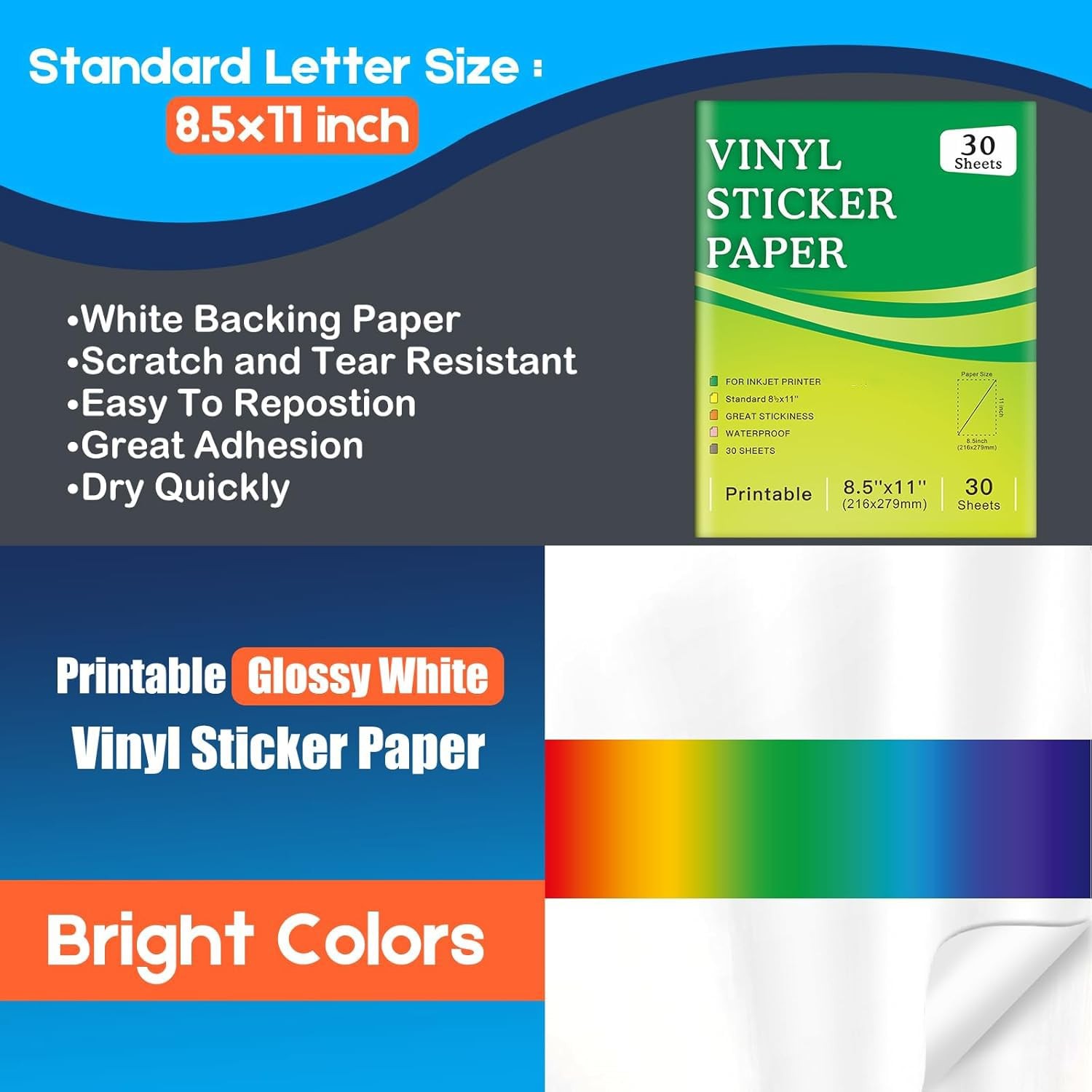Premium Printable Vinyl Inkjet Stickers -30 Sheets Glossy White 8.5×11 Inch S…