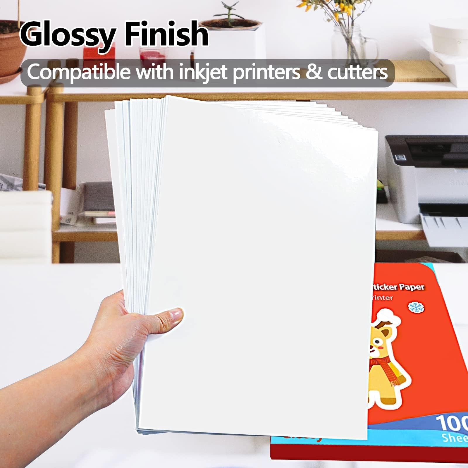 Glossy Printable Vinyl Sticker Paper for Printer – 100 Sheets White Self-Adhe…