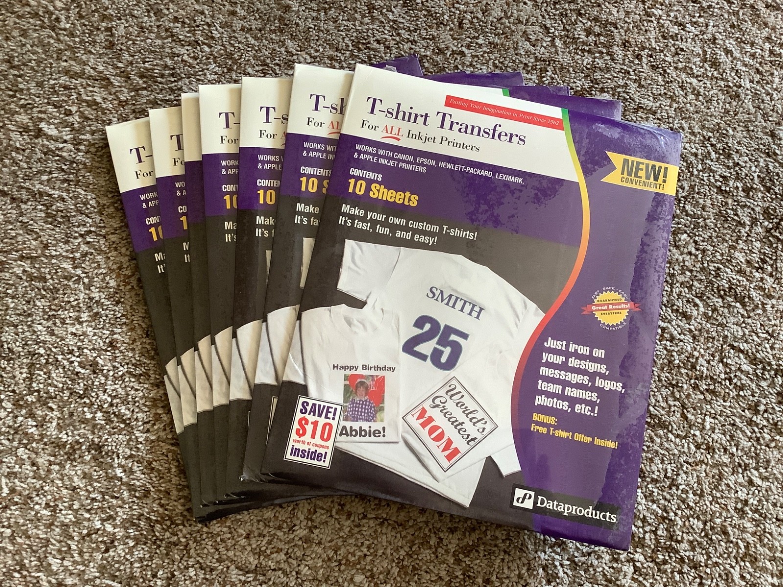 T-SHIRT TRANSFER PAPER For Inkjet Printers Dataproducts 10 Sheets NEW Lot of 7