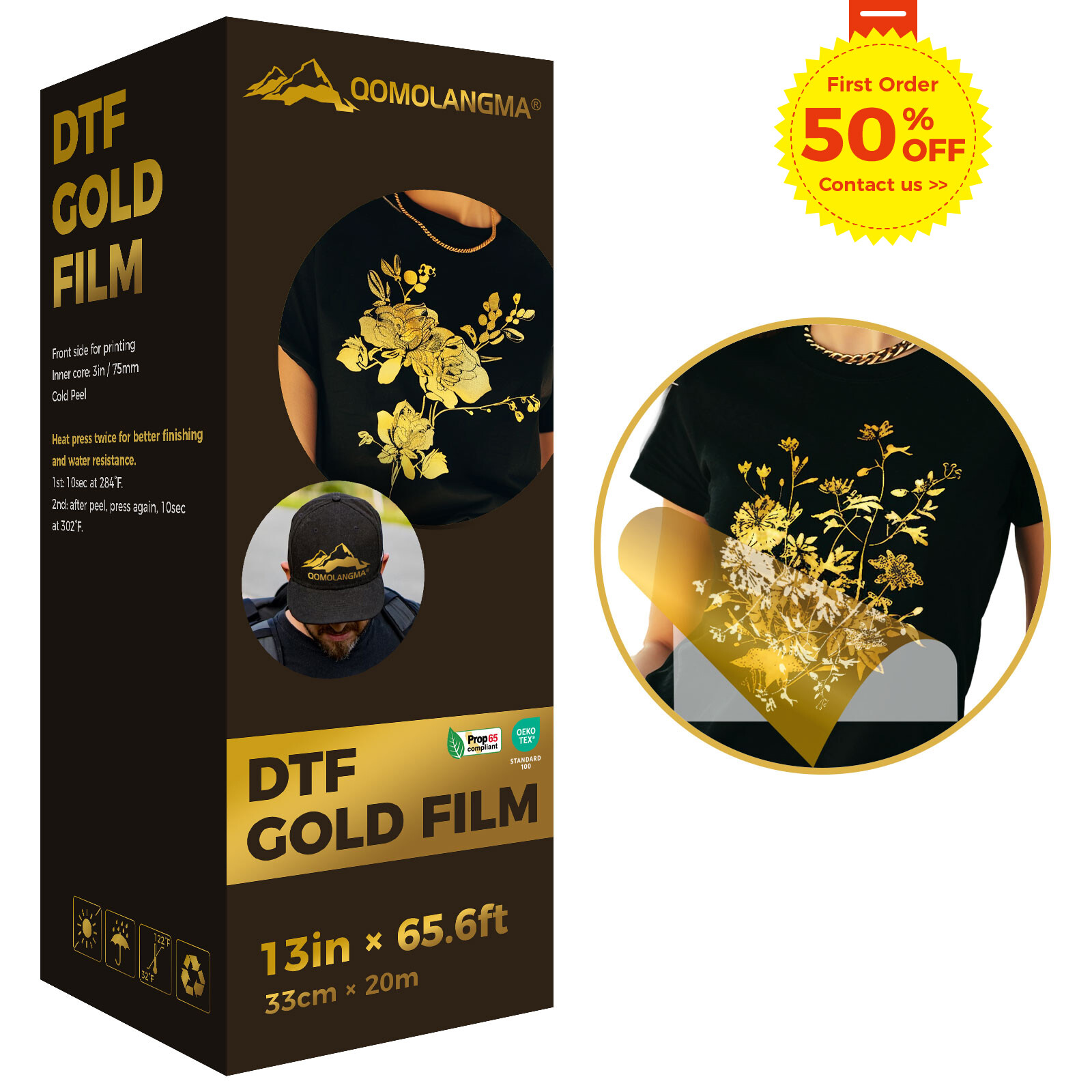 QOMOLANGMA 13in x 65.6ft DTF Gold / Silver Foil Film Roll,Cold Peel