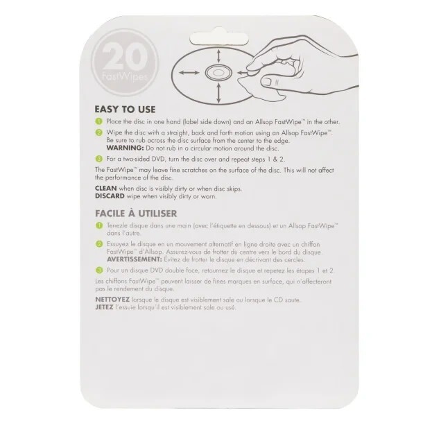 Allsop CD+R/RW DVD+R/RW Fast Wipes Cleaners Removes Dust Fingerprints