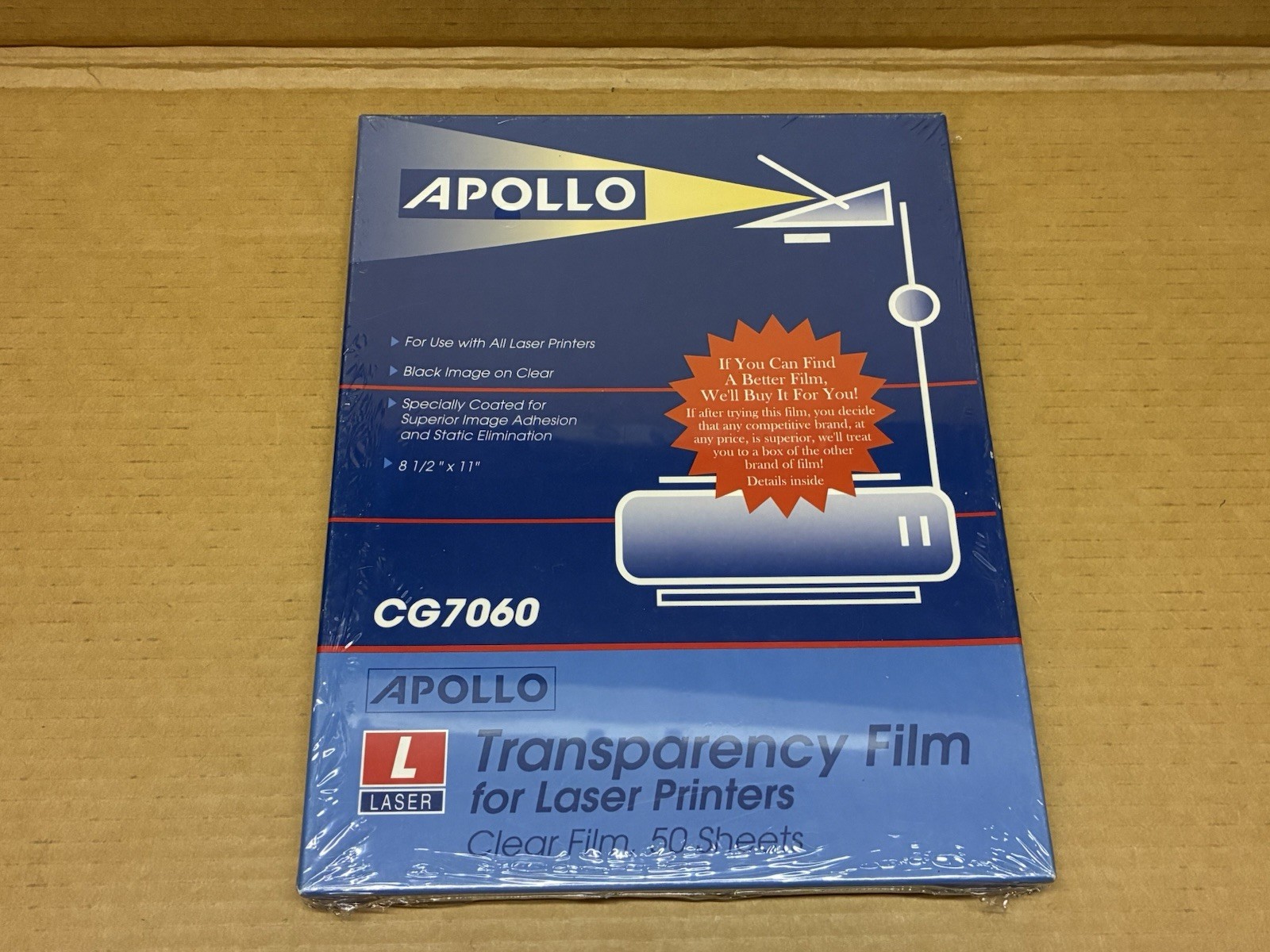 Apollo Ink Jet Transparency Film CG7060 for ALL Laser Printers 50 Sheets 8.5×11