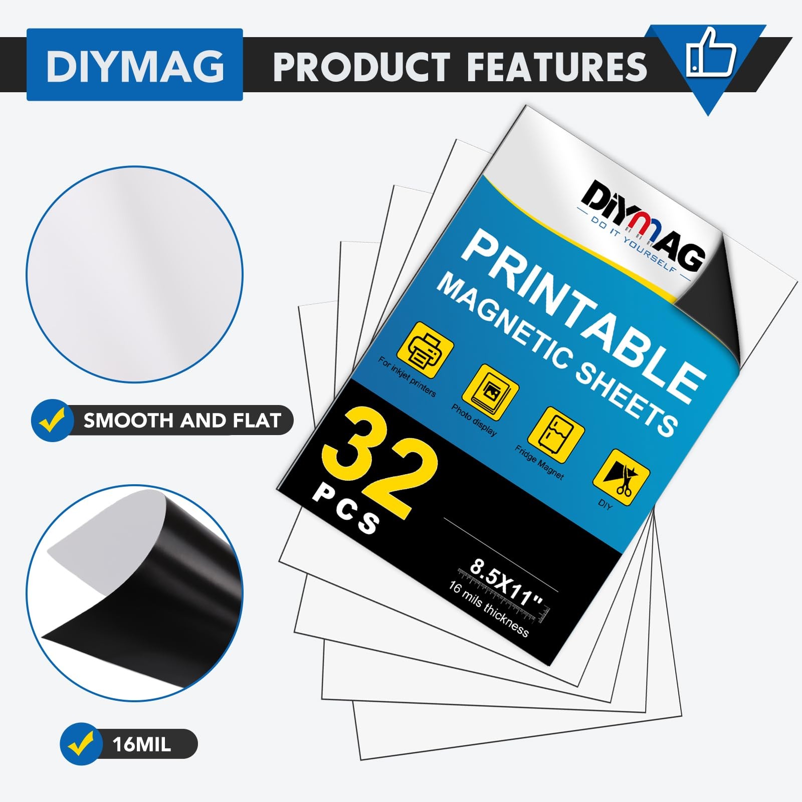 DIYMAG Printable Magnetic Sheets, Glossy 32Pcs 8.5″x11″ for Inkjet Printers