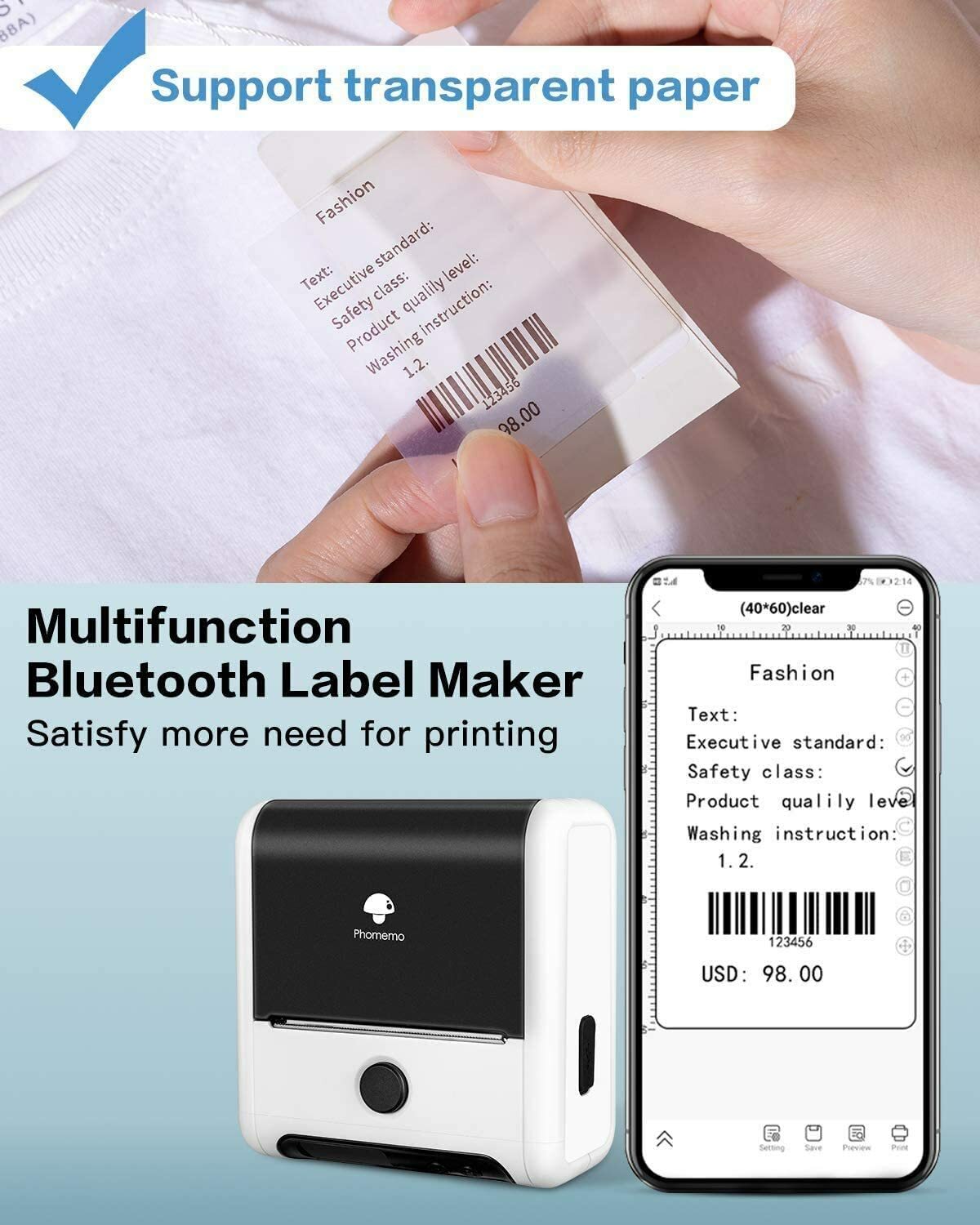 3 Rolls 40×30mm Transparent Self-Adhesive Thermal Label for Phomemo M110 Printer