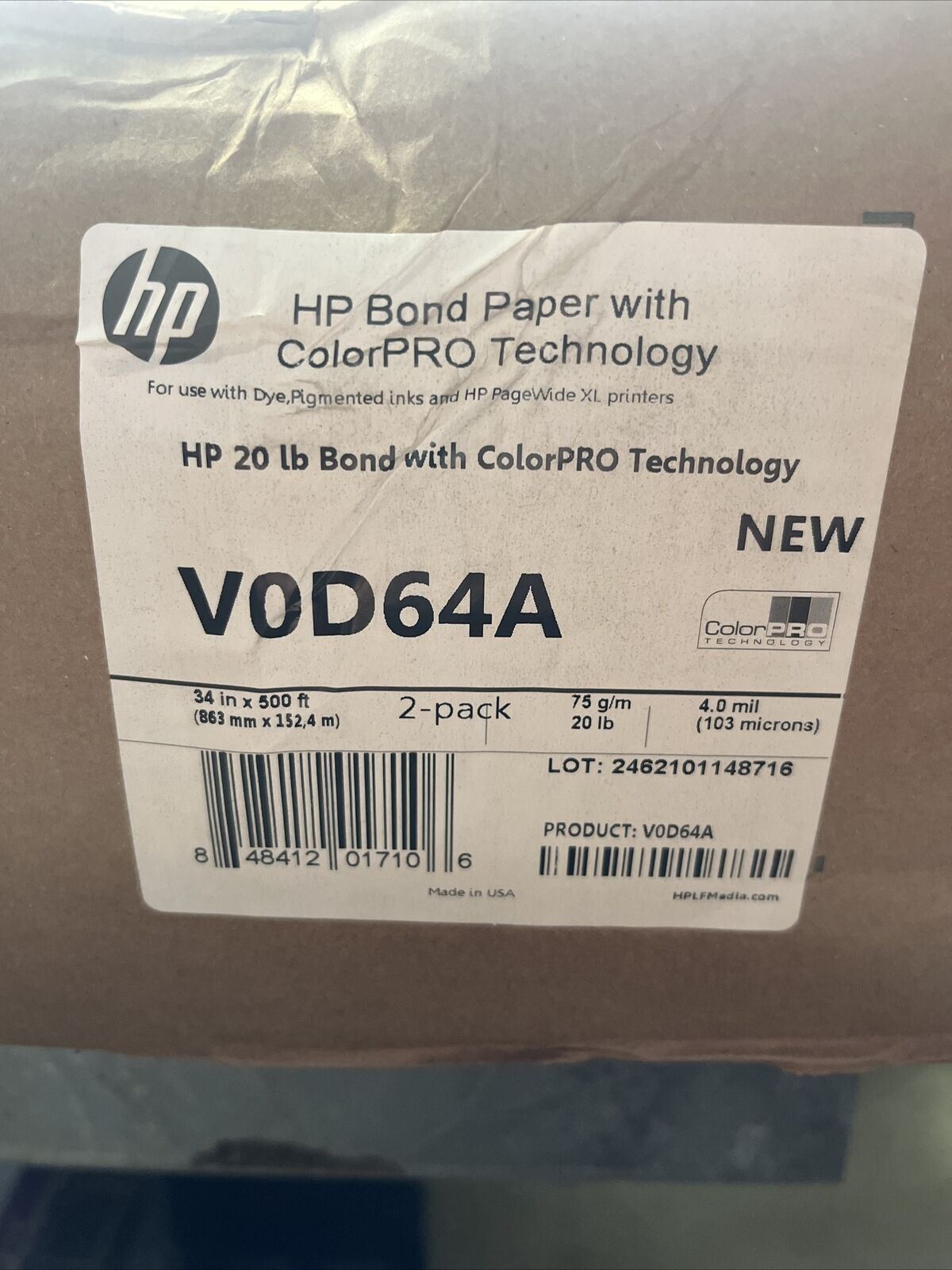 HP Bond Paper with ColorPRO Technology Qty 2 Rolls Per Box. V0D64A.