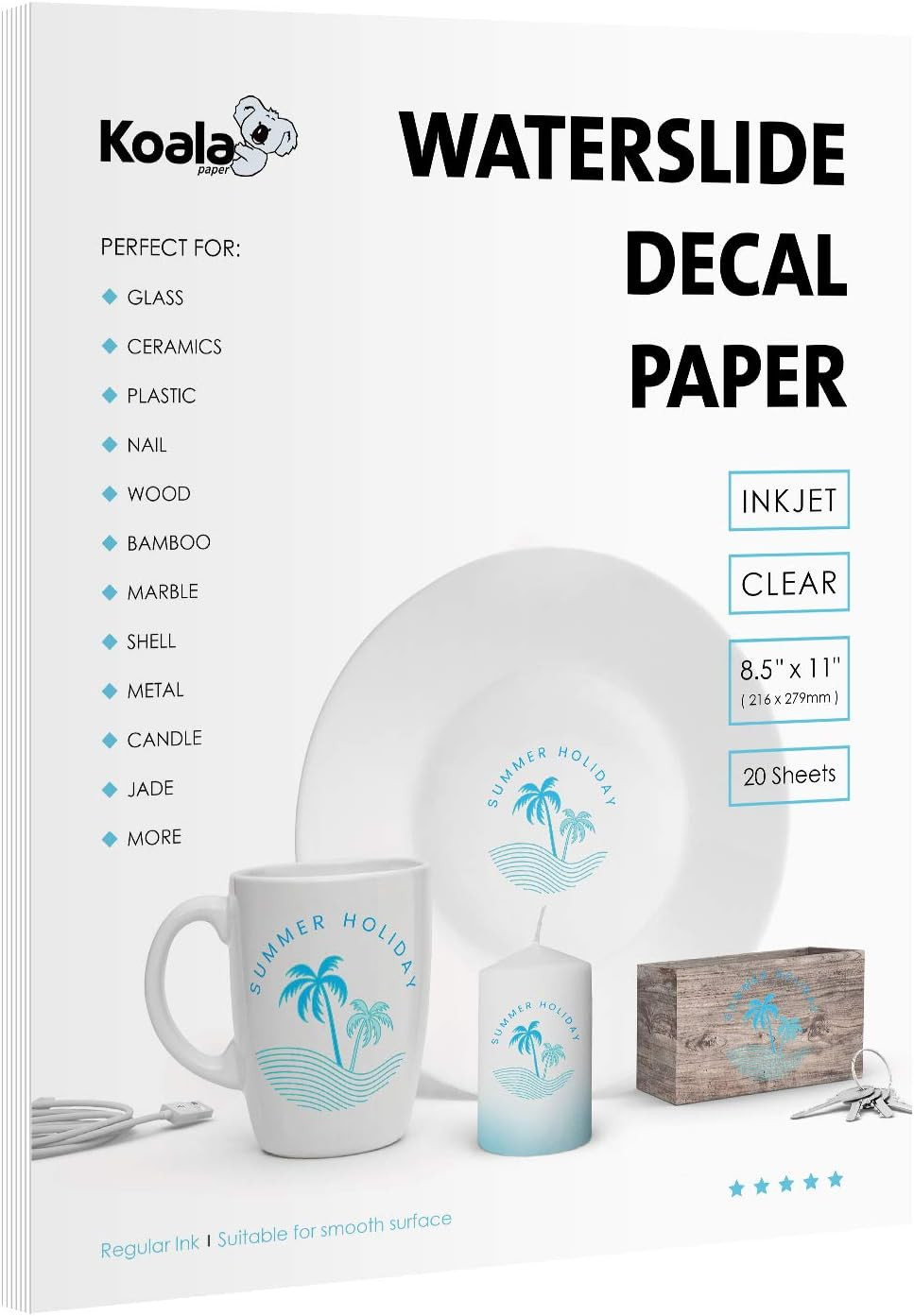 Koala Waterslide Decal Paper INKJET CLEAR, 20 Sheets 8.5×11 Inch Water Slide Tra