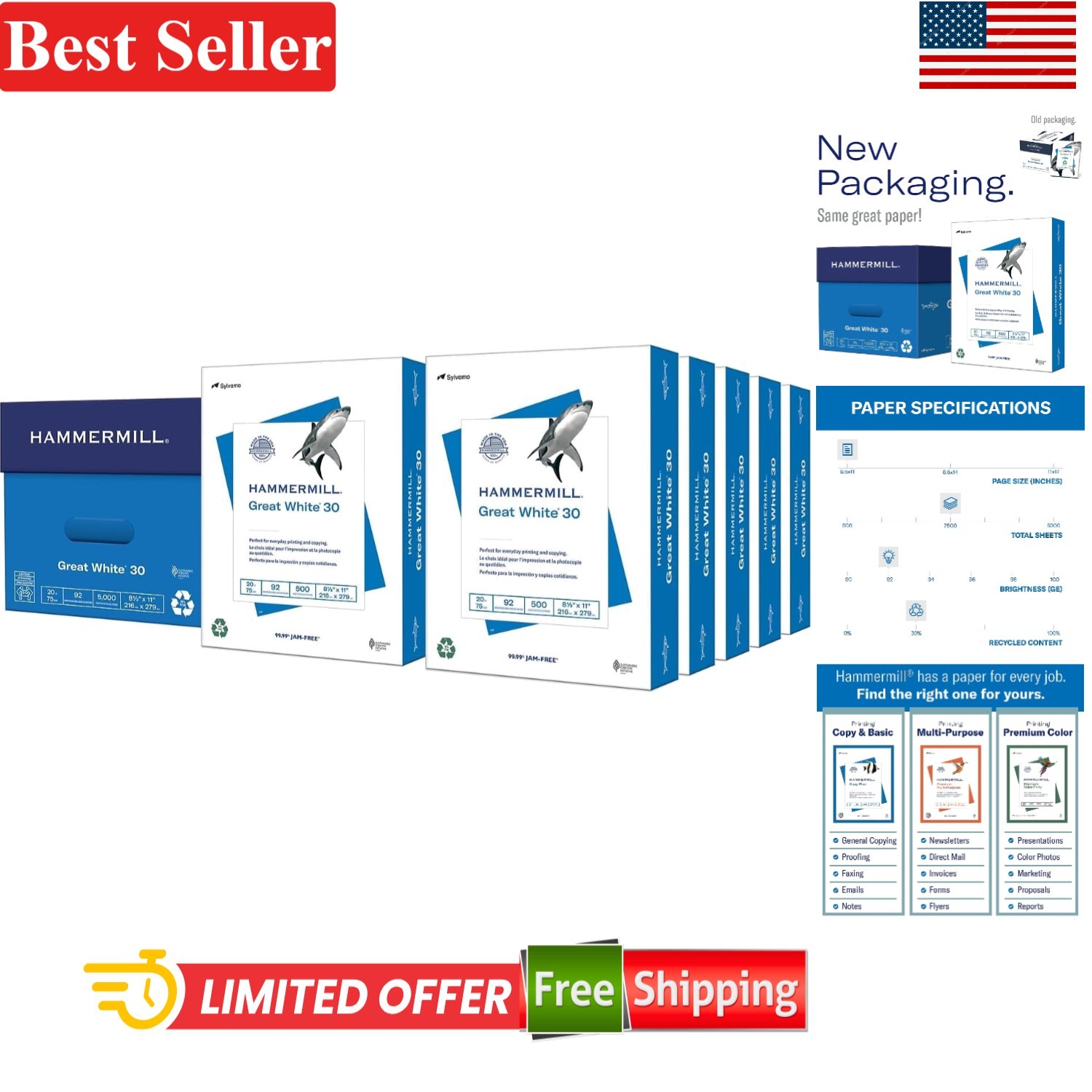 Printer Paper 8.5×11 Recycled Copy Paper 10 Ream 5000 Sheets 92 Bright