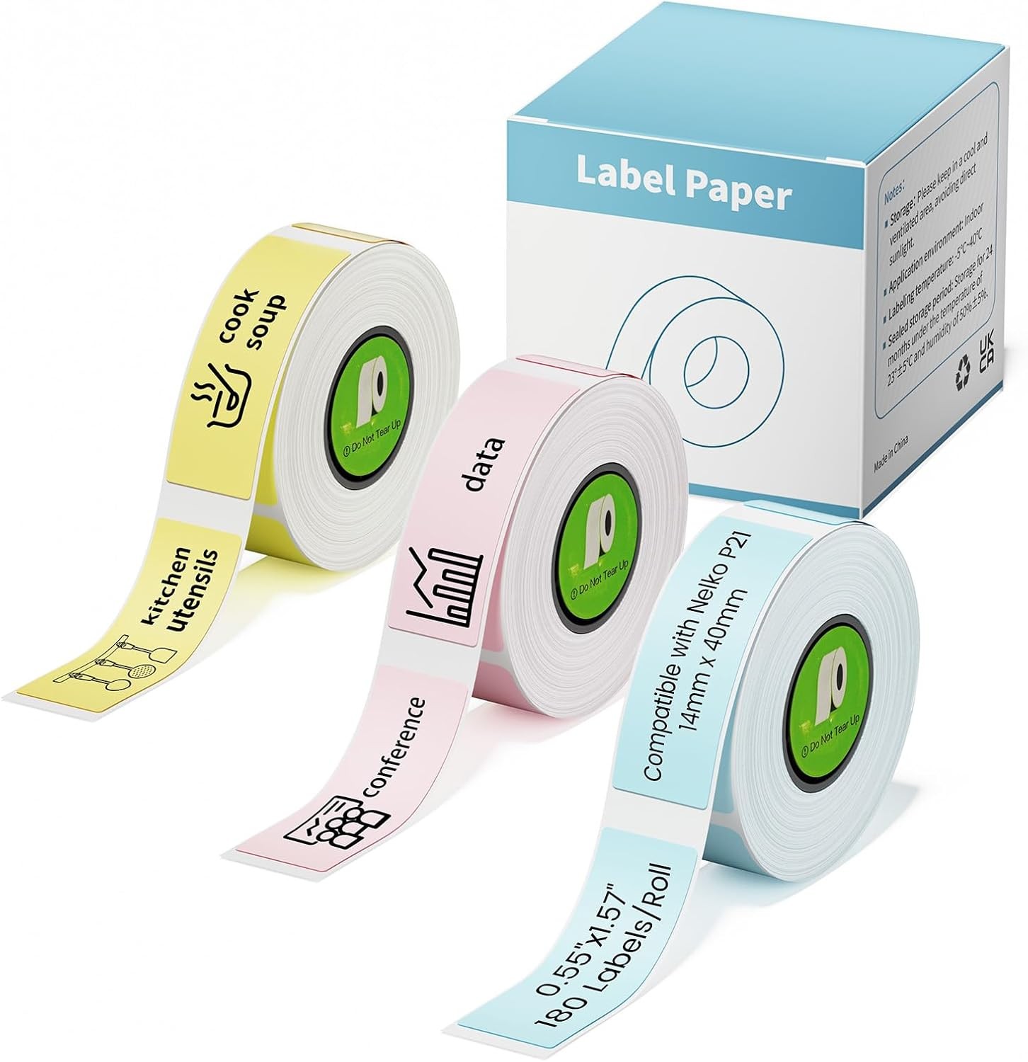 For NELKO P21 Label Tape, 14x40mm ,180 Tapes/Roll, 3-Roll, Blue/Yellow/Pink