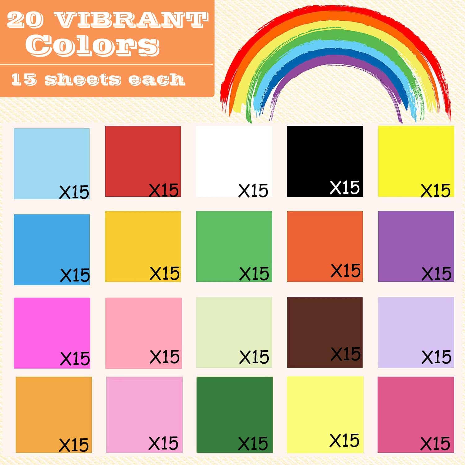 Colored Printer Paper, 300 Sheets, 20 Assorted Colors, Double Sided, 70gsm