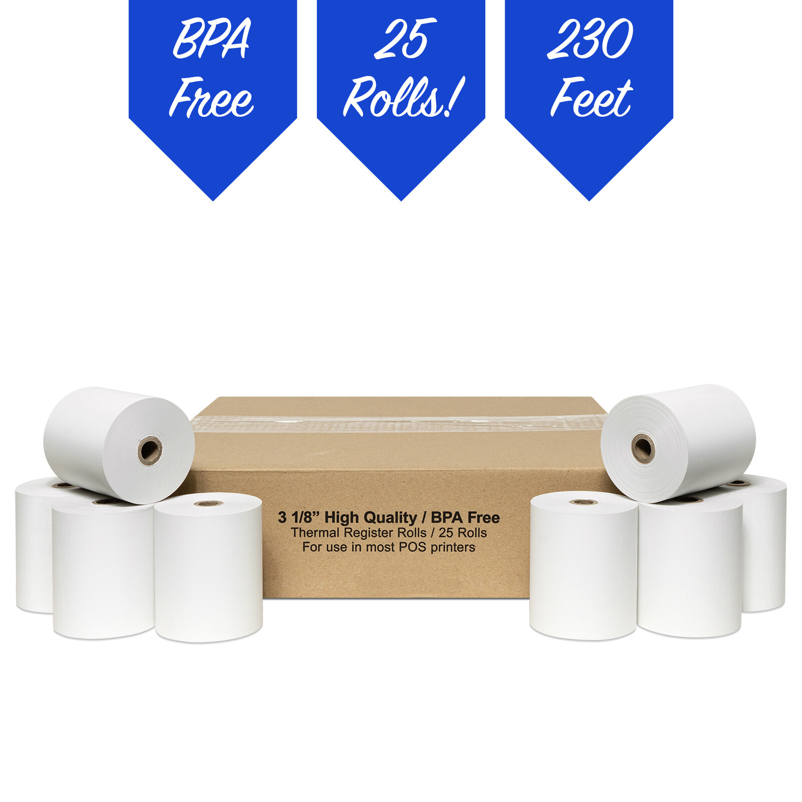 3 1/8″ x 230′ White Thermal PoS Receipt Paper 25 Rolls **FREE SHIPPING**