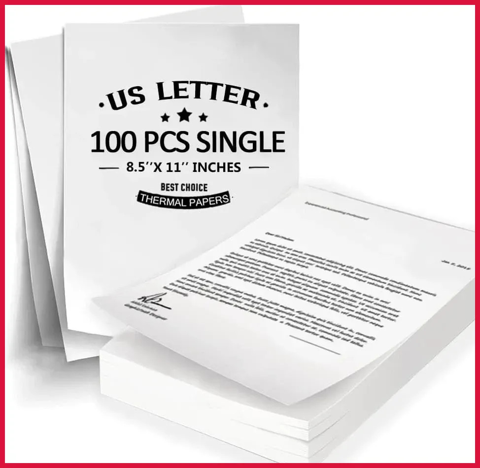 100 Sheets Thermal Printer Paper 8.5 X 11 Inch US Letter Size Thermal Paper