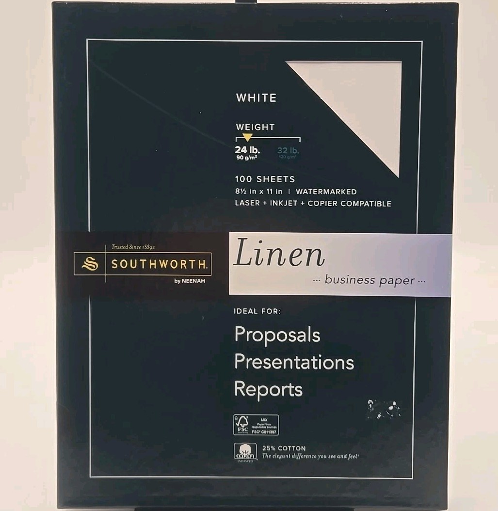 Southworth Fine Business Paper White Linin 100 Sheet 24lb Watermarked 25% Cotton