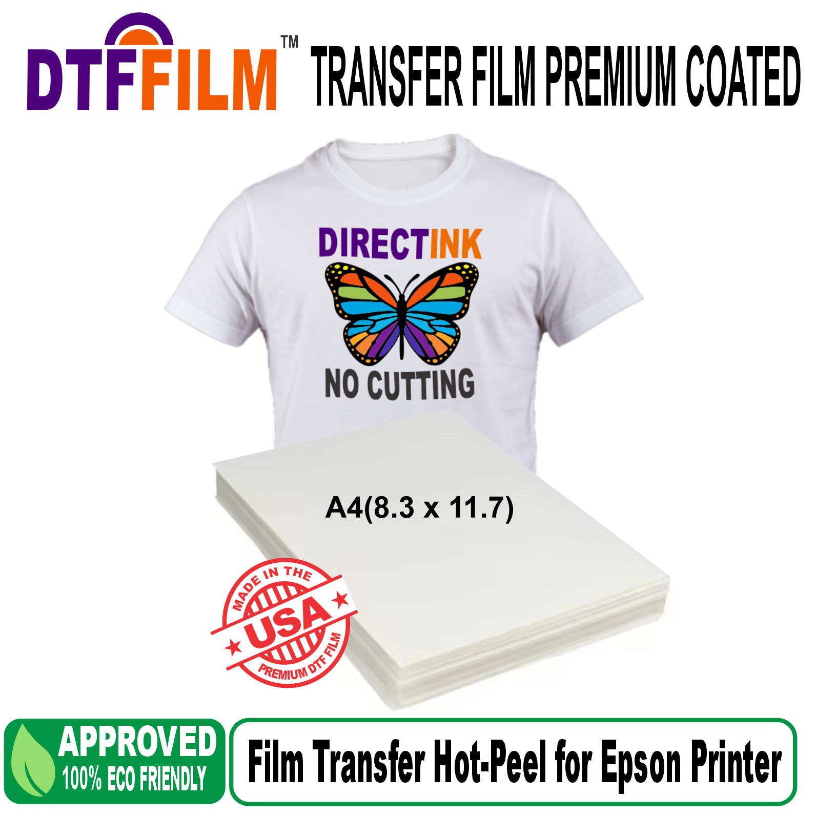 50PK DTF Film A4 Direct Heat Transfer Print on T-Shirt for Epson Printer