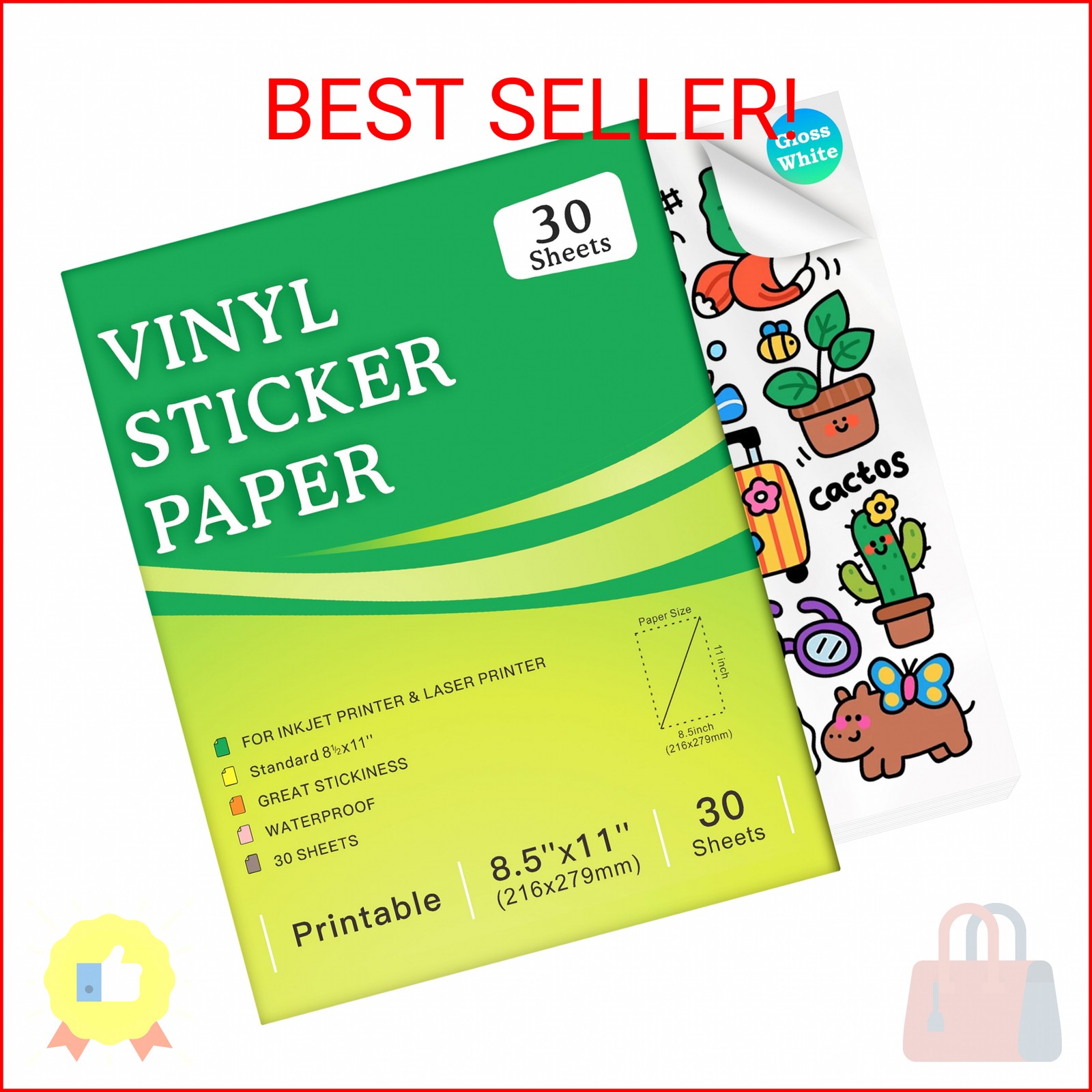 Aevdor 30 Sheets Premium Printable Vinyl Sticker Paper for Inkjet Printer, Gloss