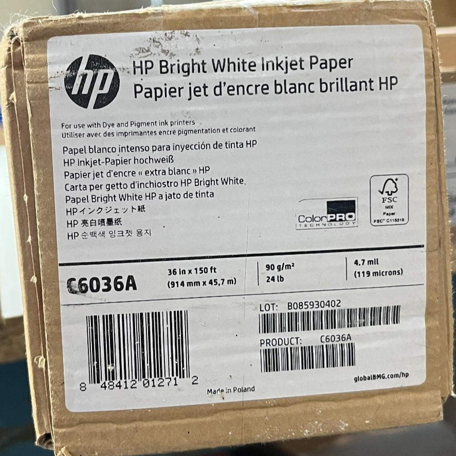 HP C6036A Bright White 90g/m² Designjet Plotter Paper A0 36″ 914mm x 45.7m roll