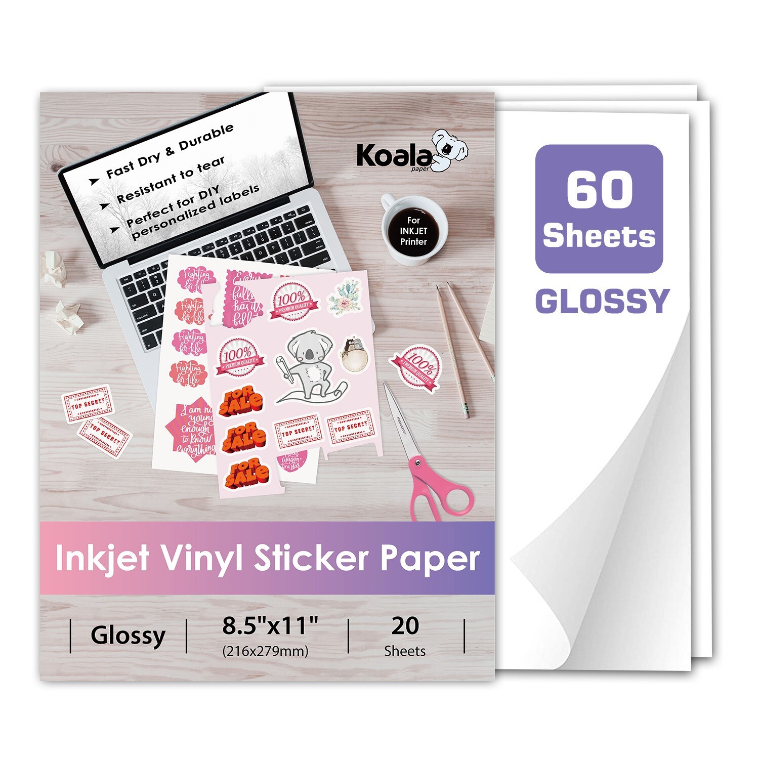 Koala Printable Vinyl Sticker Paper Glossy Waterproof Inkjet Printer 60 Sheets
