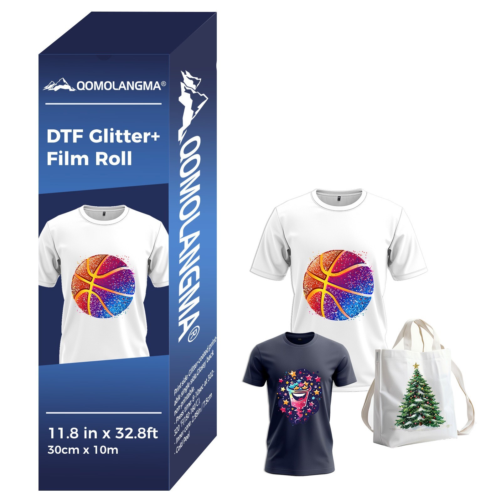 US Stock QOMOLANGMA 11.8in x 32.8ft/30cm x 10m DTF Glitter+ Film Roll,Cold Peel