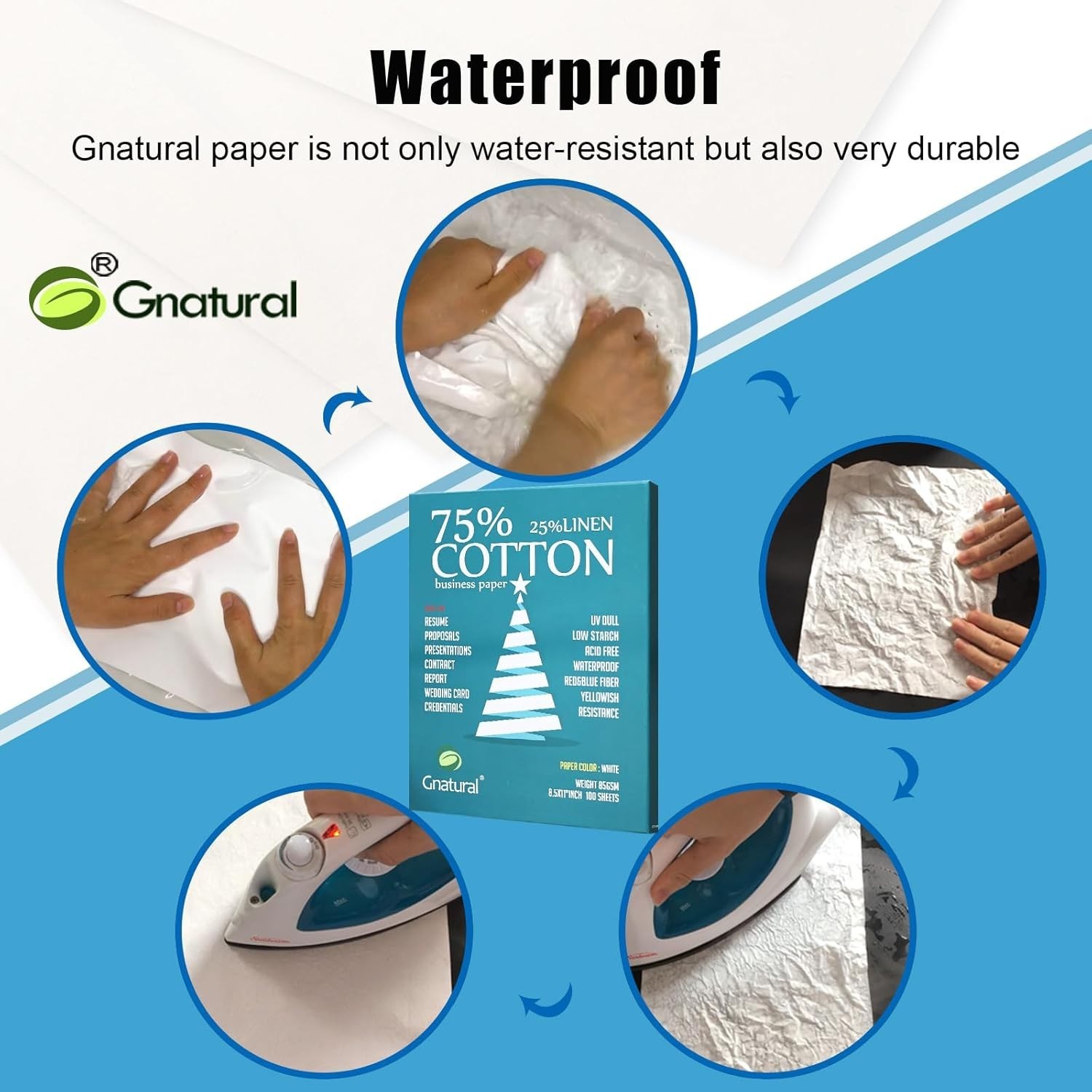 75% Cotton 25% Linen Business Paper, 85gsm 8.5”×11” Inkjet Printer Paper, Waterp