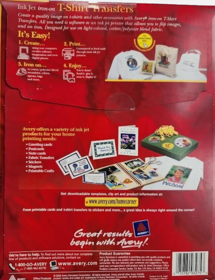 Avery 3275 Inkjet T-shirt Transfers iron-on 8.5″ x 11″ New but opened 12 Sheets