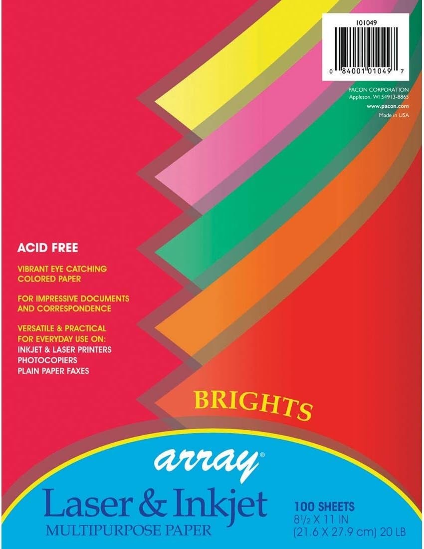 Assorted 20 lb. Multi-Purpose Paper Pack: 100 Sheets of Bright Colors, 8.5″x11″