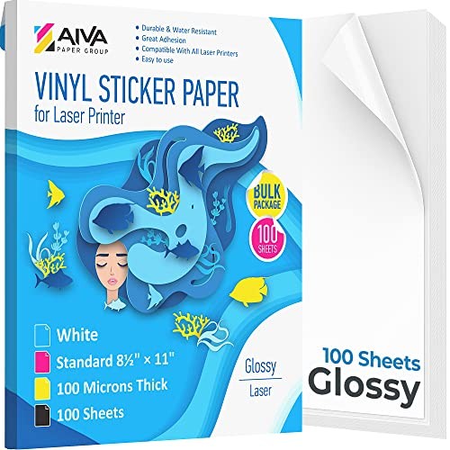 100pk Glossy White Printable Vinyl Sticker Paper for Laser Printer 8.5″x11″ Wate