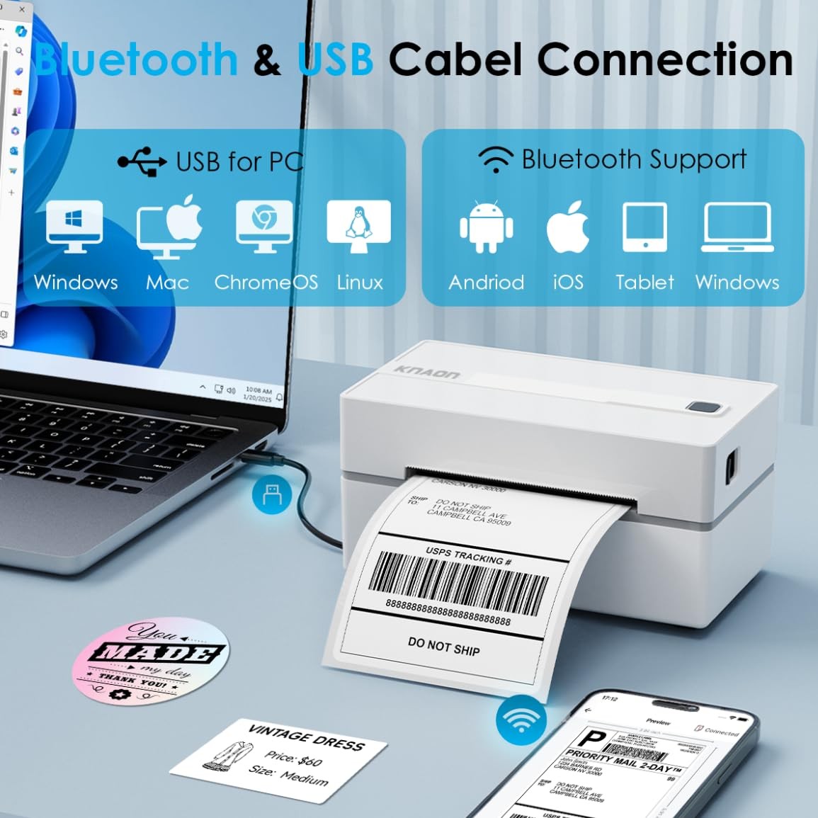 KNAON Bluetooth Thermal Shipping Label Printer, 4×6 Portable 4 inch, White
