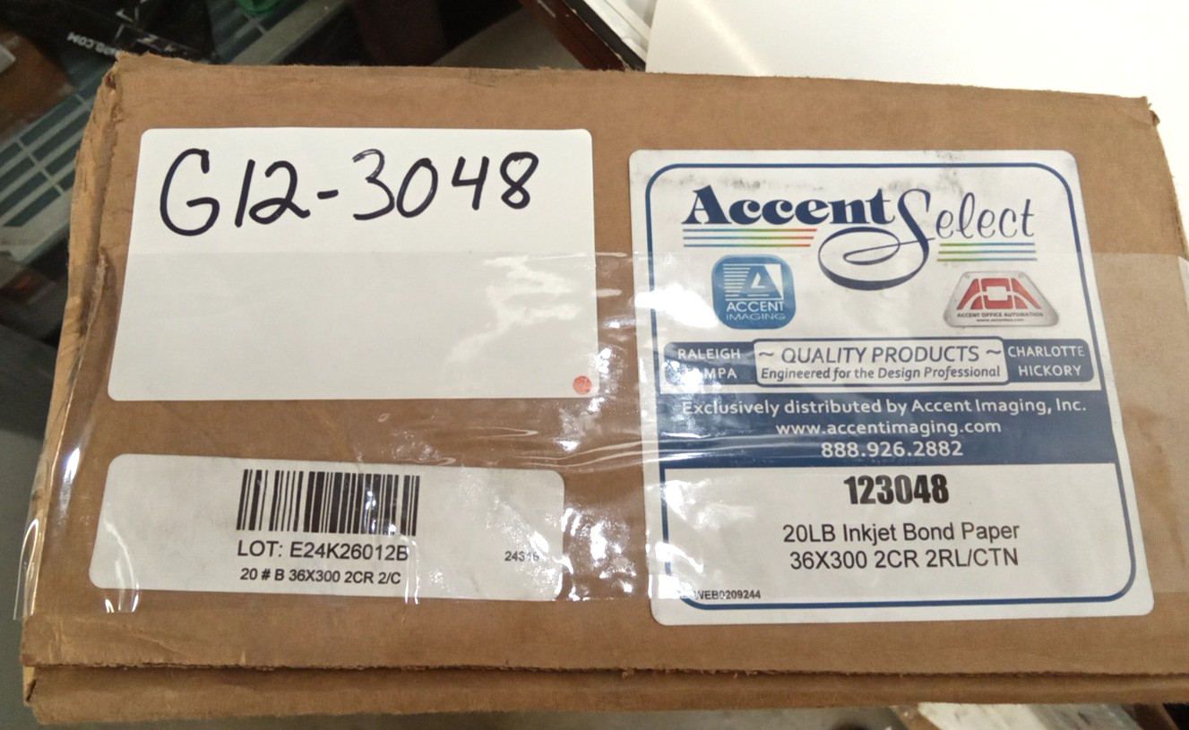 Accent Select 123048 Inkjet Bond Paper 20 lb 36″x 300′ White 2″ Core 2 Rolls
