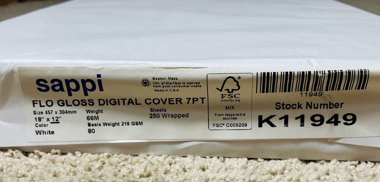 Sappi FLO GLOSS Digital Cover 7 Pt Paper White 18″ x 12″ Case of 250 K11949