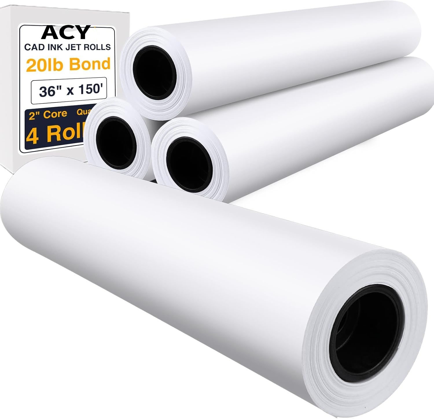 ACYPaper 36” x 150′ Plotter Paper -4 PK- 20LB Bond Wide Format CAD Ink Jet Rolls