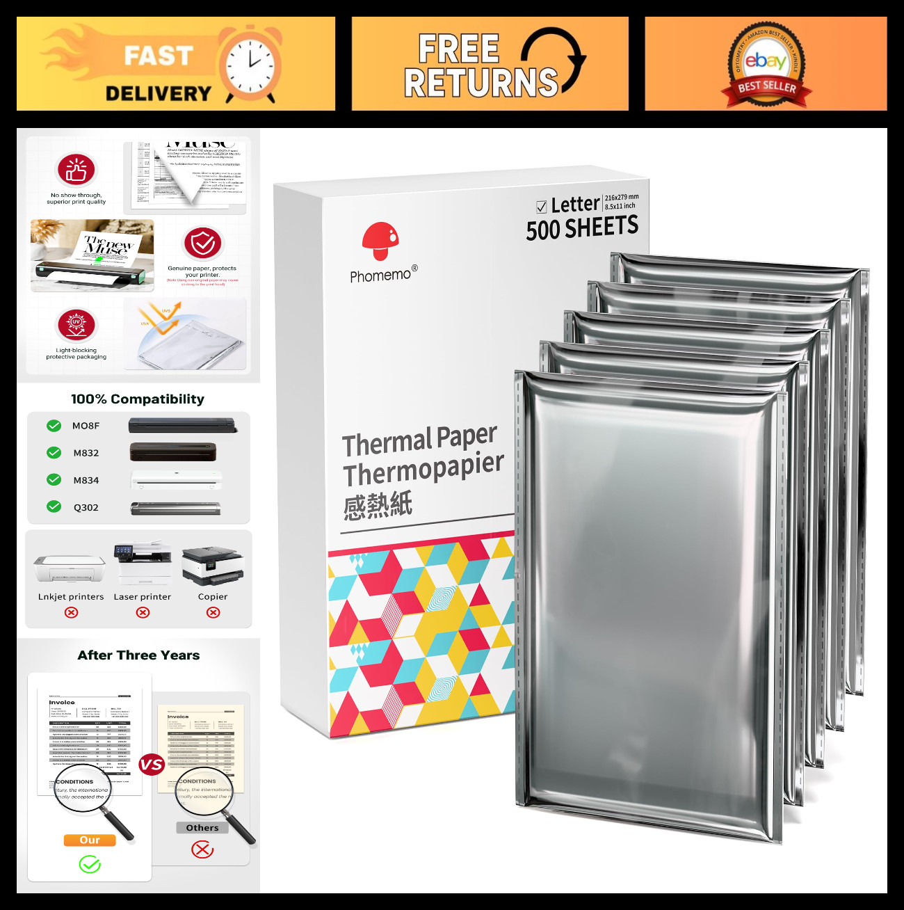 Inkless Thermal Printer Paper 8.5″ x 11″ – 500 Sheets for M08F, A285M, M832D, M8
