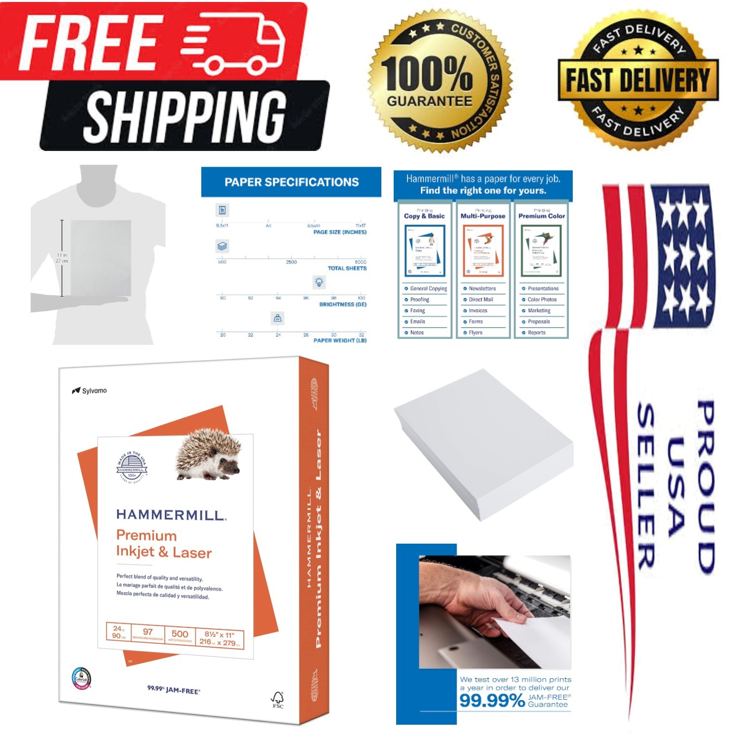 24 lb Printer Paper – 8.5×11 Inches, 500 Sheets, 97 Bright, Made in USA