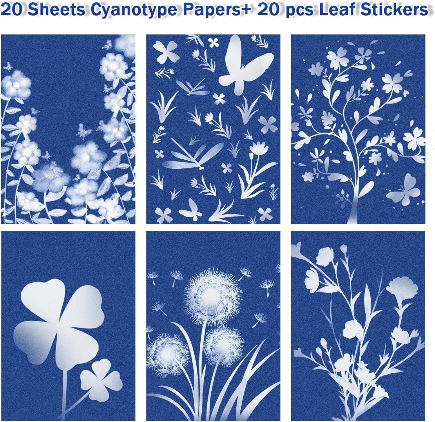 20 PCS Cyanotype Sun Print Kit, A5 Sensitive Solar Art Paper Kit with 20 Pcs Lea