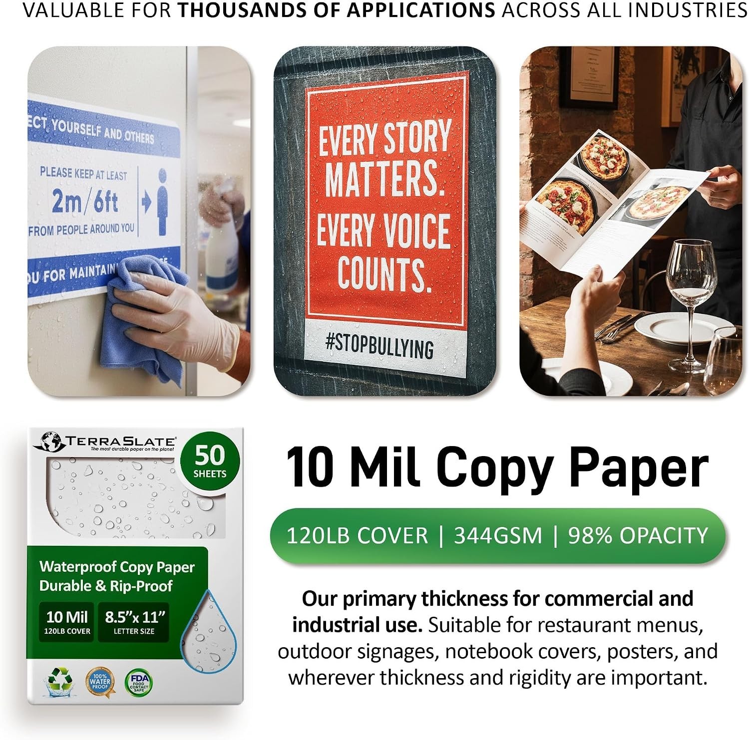 Bright White Waterproof Printer Paper 8.5×11, 50 Sheets, 10 MIL, Versatile Use