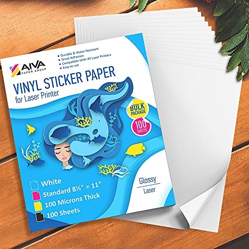 100pk Glossy White Printable Vinyl Sticker Paper for Laser Printer 8.5″x11″ Wate