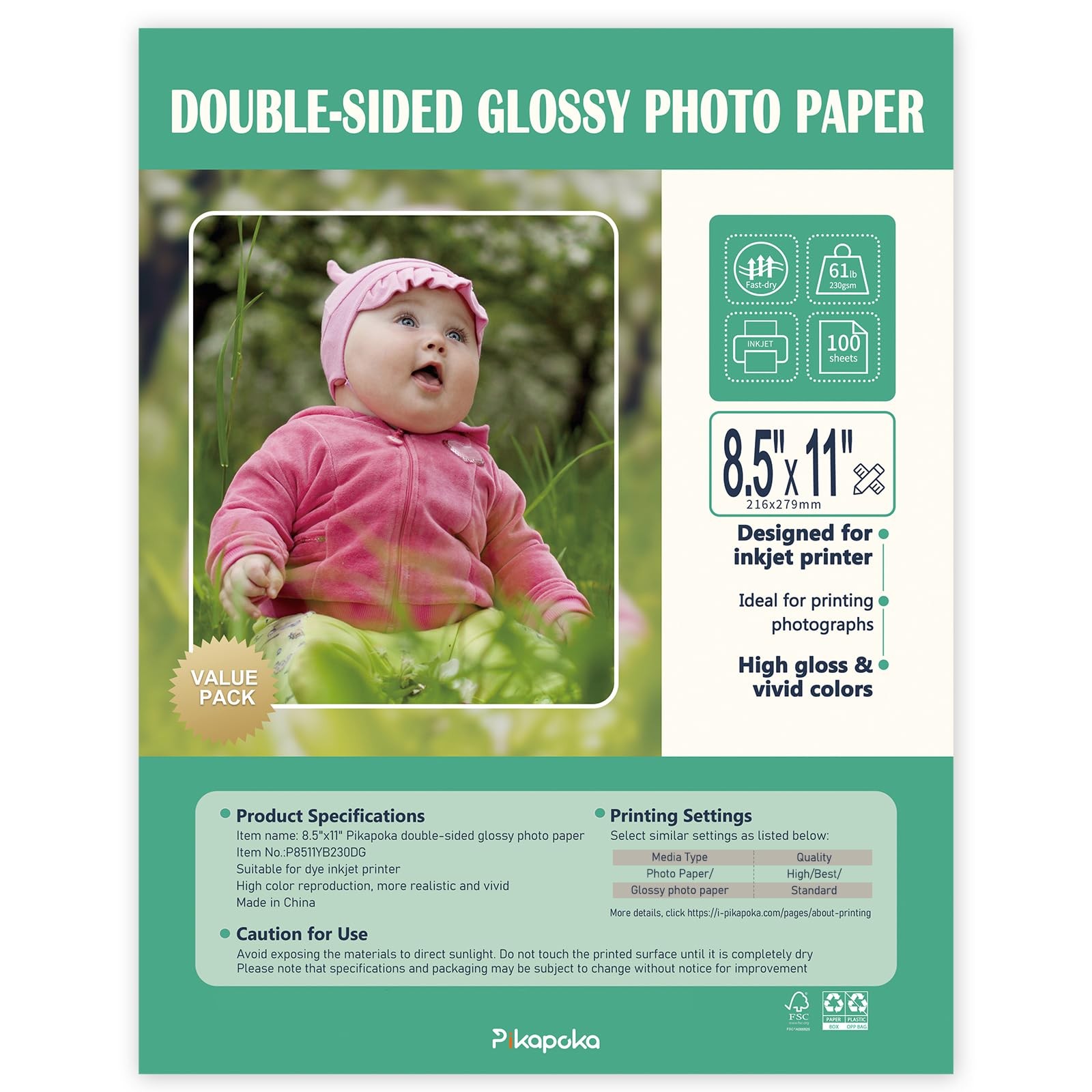 Double Sided Glossy Photo Paper Inkjet 8.5×11 Inch Cardstock 61lb 100 Sheets
