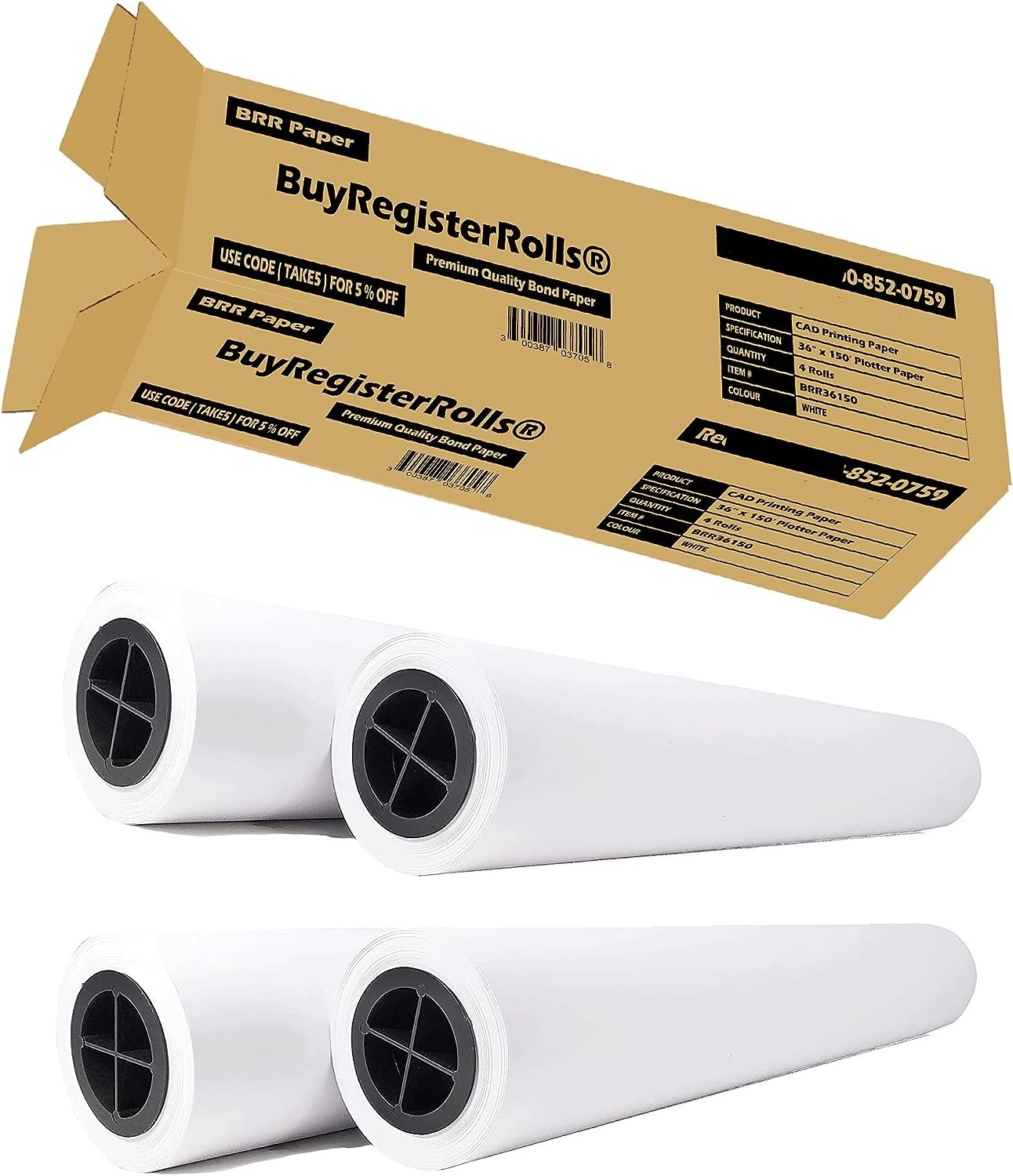 36” x 150′- 4 ROLLS – 24 lbs GIS PLOTTER PAPER CAD WIDE FORMAT BOND PAPER ROLLS