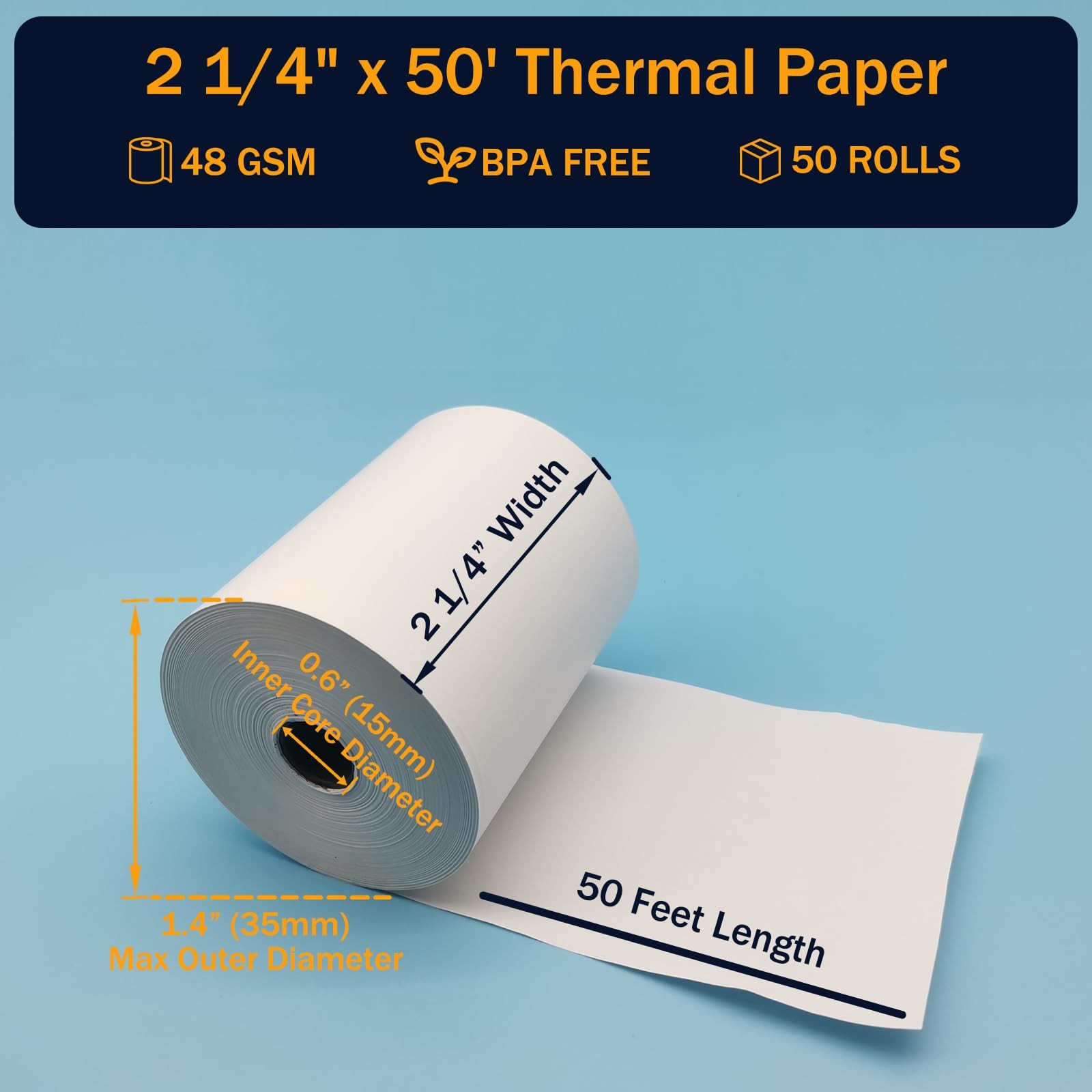 (50 Rolls) 2 1/4 x 50 Thermal Paper Rolls, BPA Free 50 white