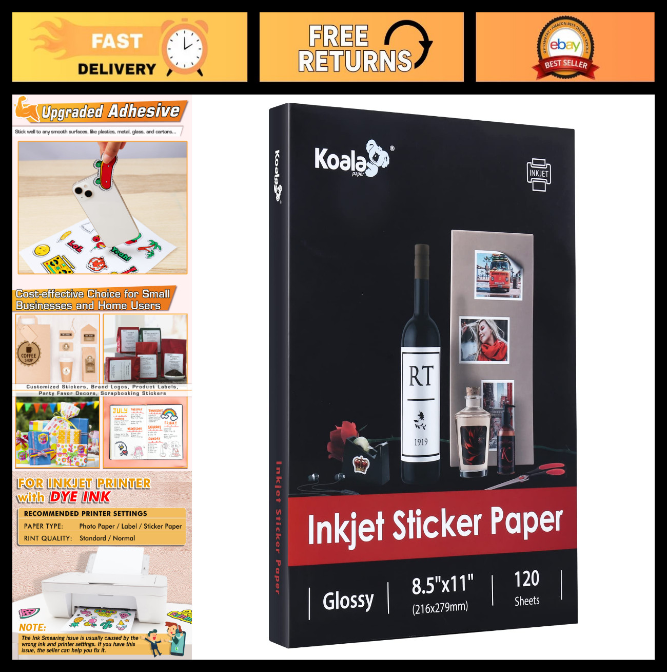 Glossy Printable Sticker Paper for Inkjet Printers, 8.5×11″, Self-Adhesive, 120