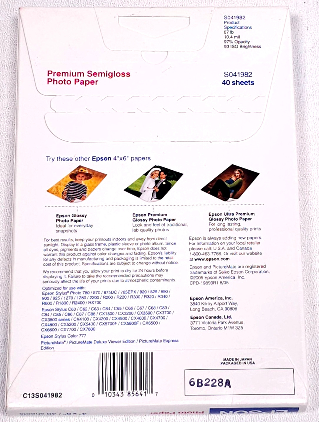 Lot of 5 Epson Premium Photo Paper 4″ x 6″ Semi-gloss 40 Sheet S041982 Ink Jet