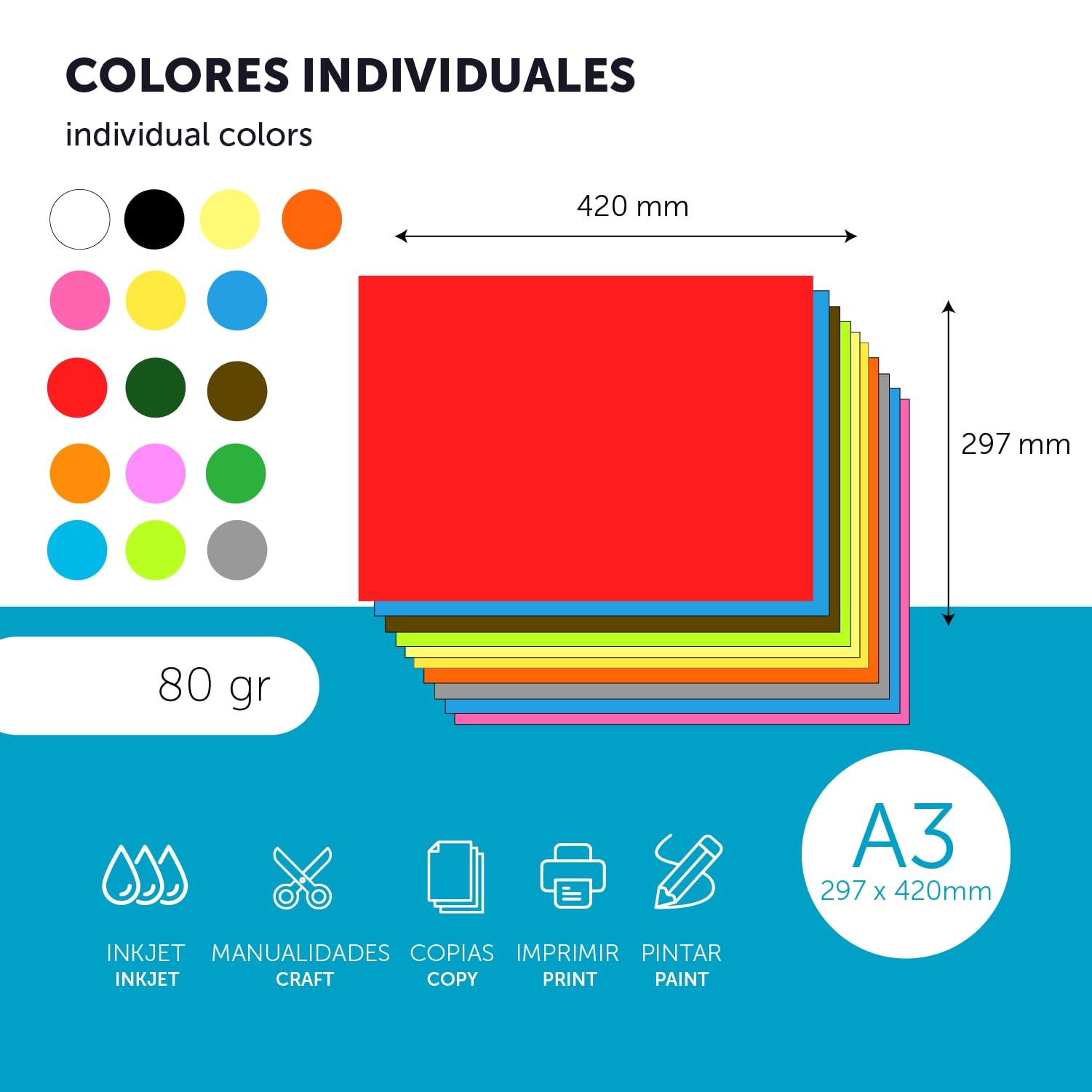 Colourful Paper A3 80g for Printers & Crafts, Coloured Sheets for Kids, Creat…
