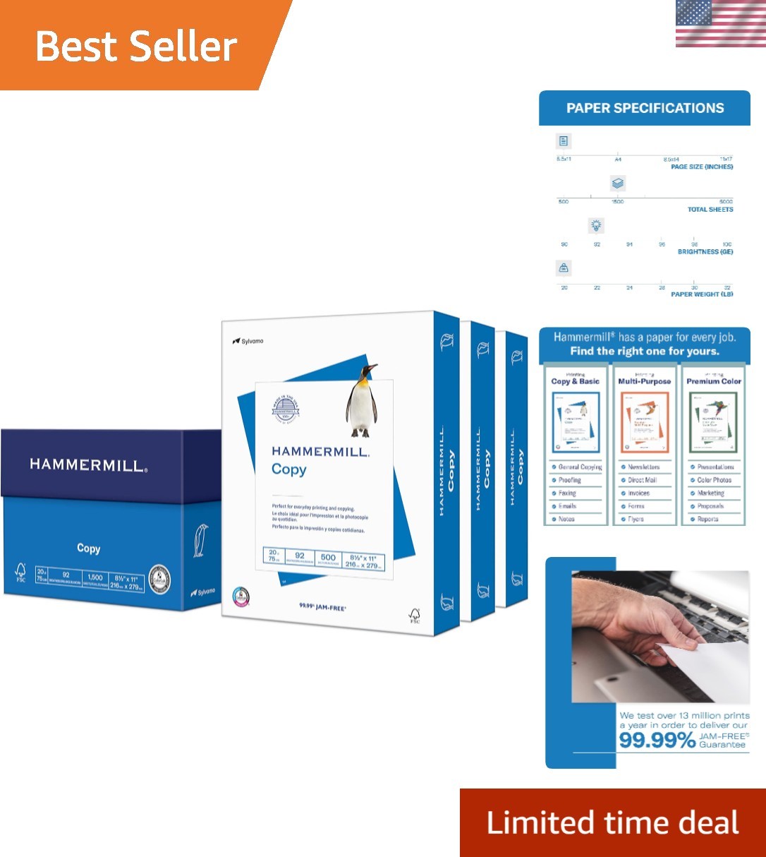 20 lb Printer Paper, 8.5×11, 3 Reams – 1,500 Sheets, 92 Bright
