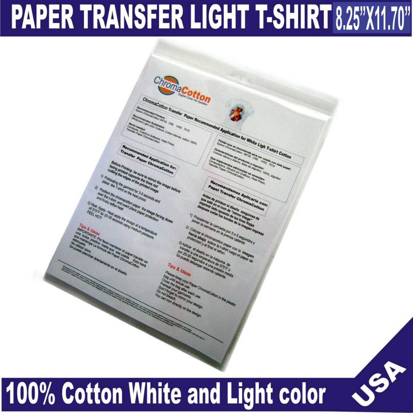 50 Sheets ChromaCotton Transfer Paper 8.5×11 Light White T-shirt 100%Cotton