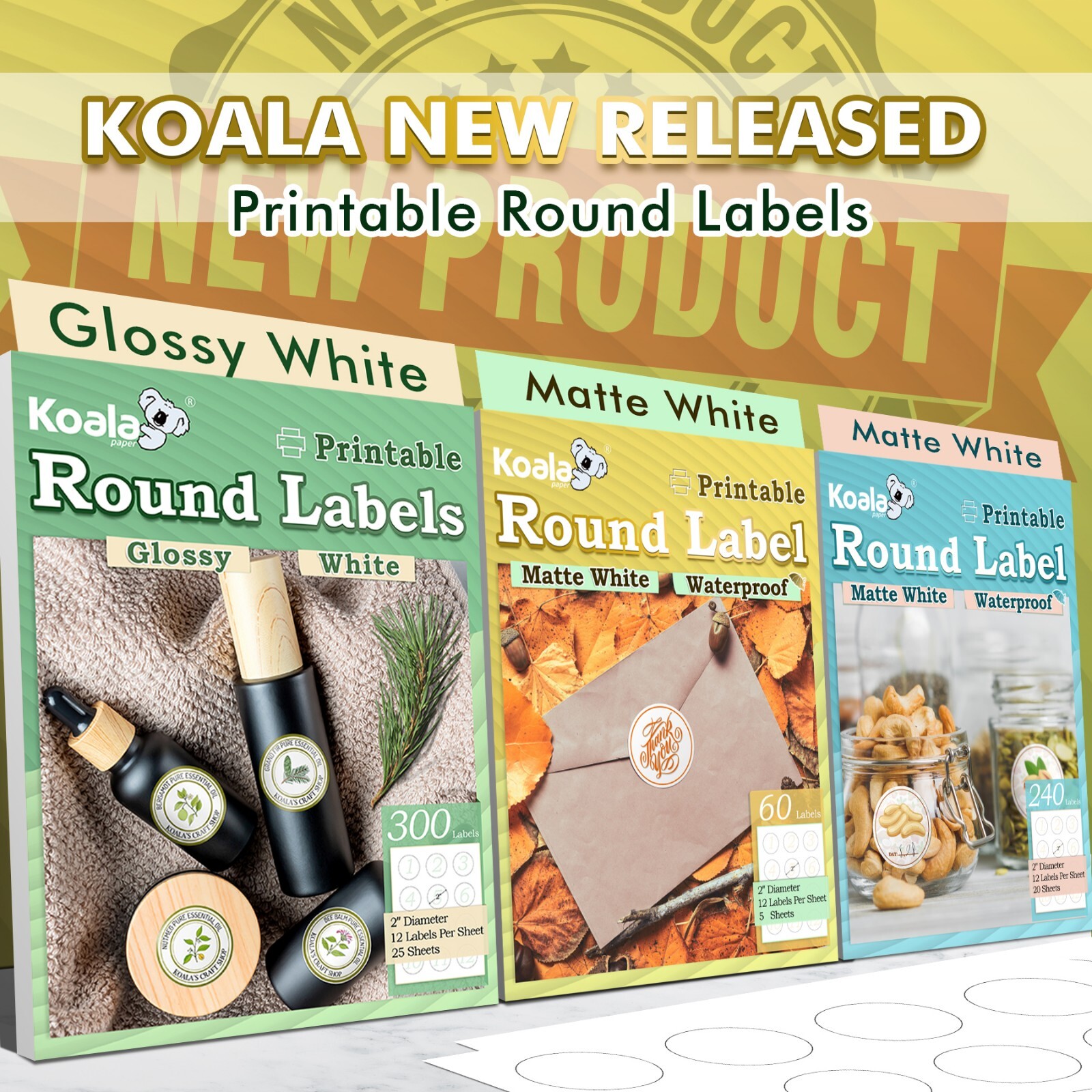 Koala Round Label 2 In, Waterproof Sticker Paper for Inkjet / Laser Matte White