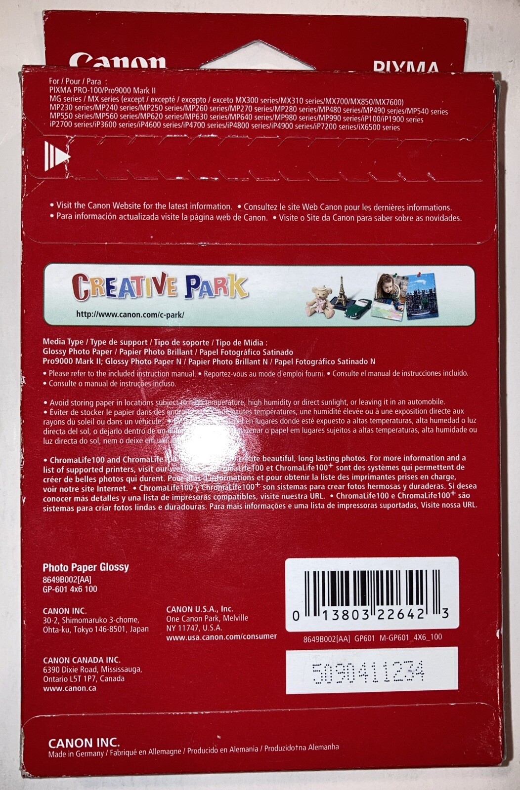 Canon Photo Paper 4” x 6″ 100 sheets glossy GP-601 8649B002