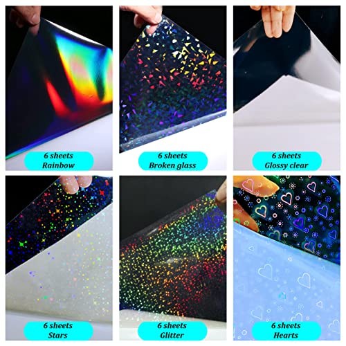 36 Sheets Holographic Sticker Paper Clear Laminating Sheets Adhesive 36 mixed