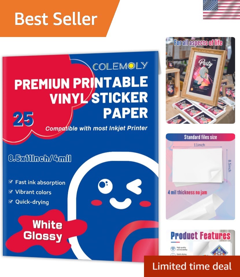 Glossy Sticker Paper Printable Vinyl for Inkjet Printer Adhesive White Decals…