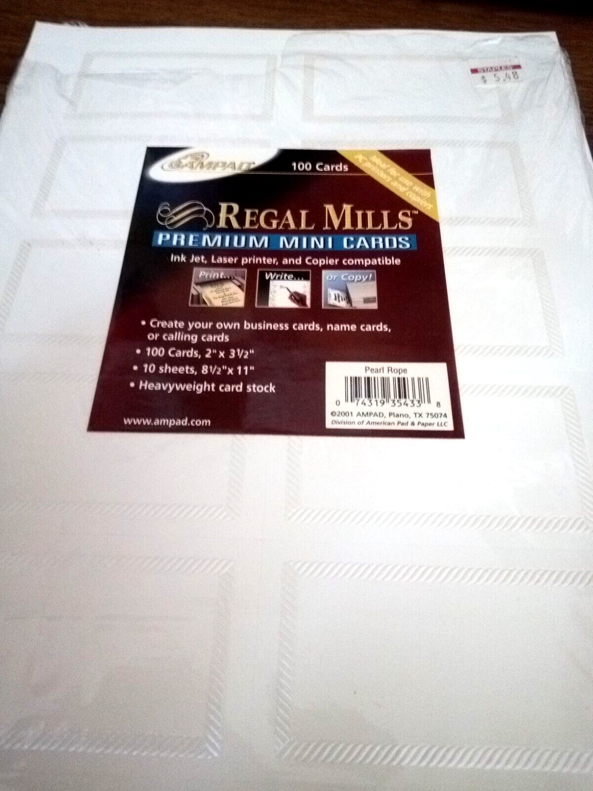 Regal Mills 80 Premium Mini Cards 2 × 3.5″ 8 Sheets 8 1/2 × 11″ Pearl Rope