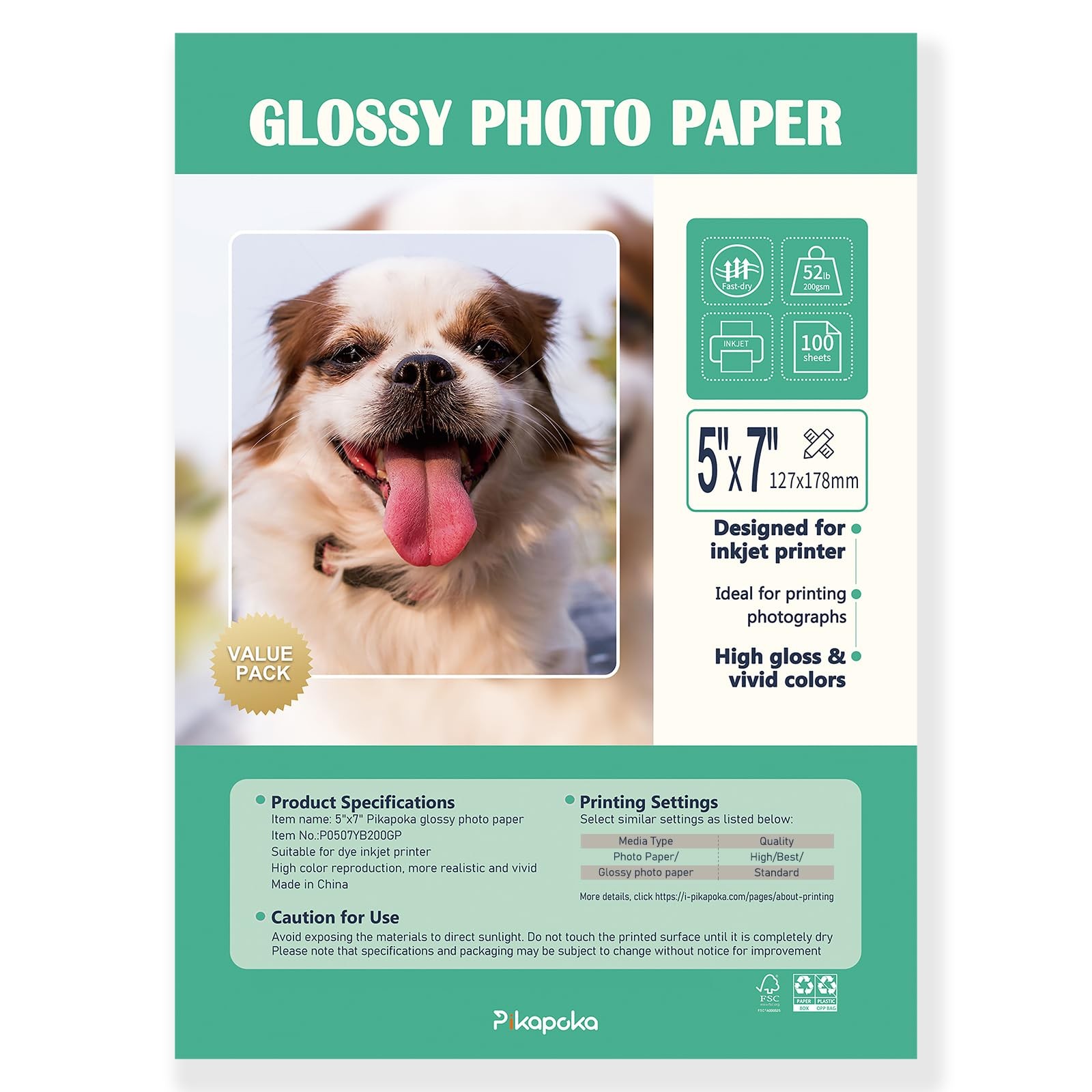 100 Pack 5×7 Photo Paper, 52lb Glossy, 200gsm, Inkjet Printer, White, Sheets