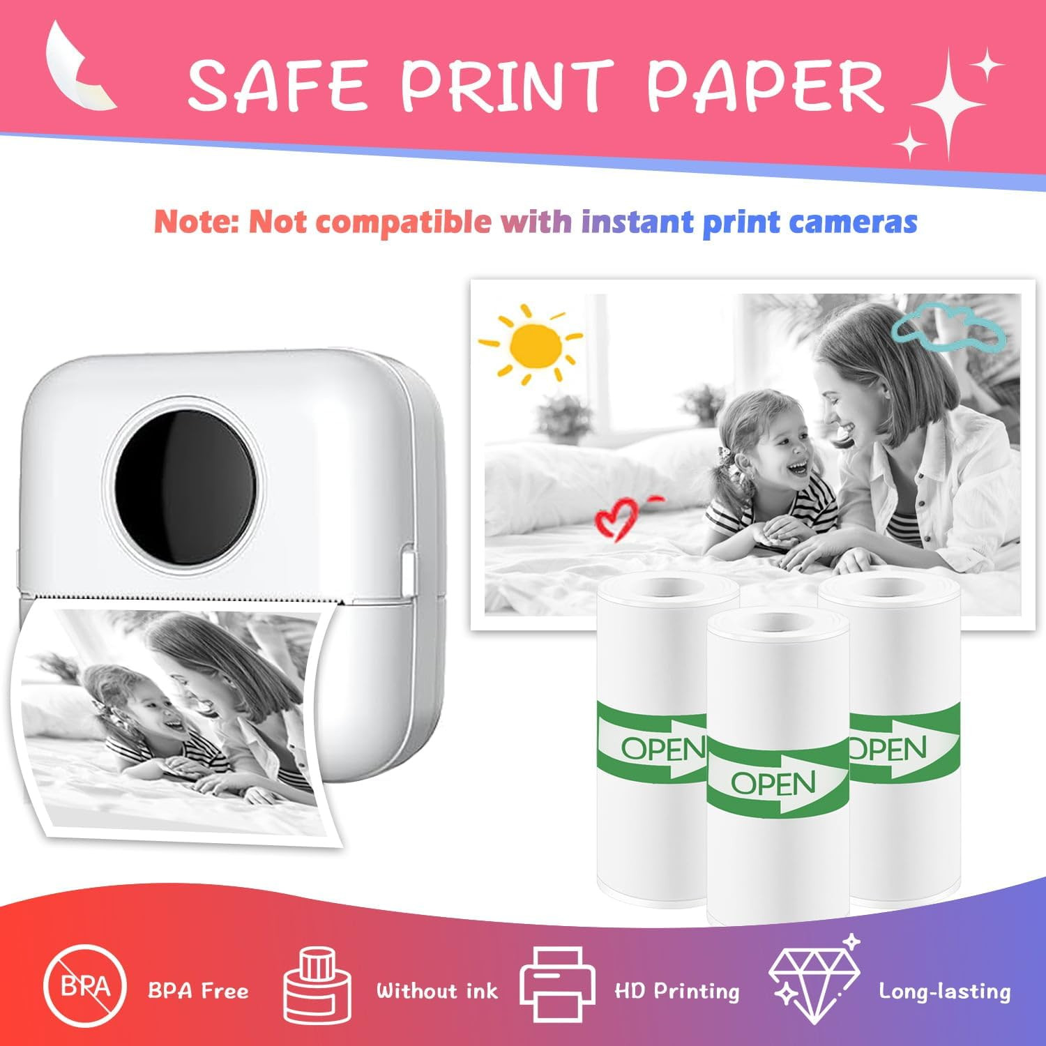 10 Rolls Colorful Mini Thermal Printer Sticker Paper, 57x25mm, High-Contrast Sti